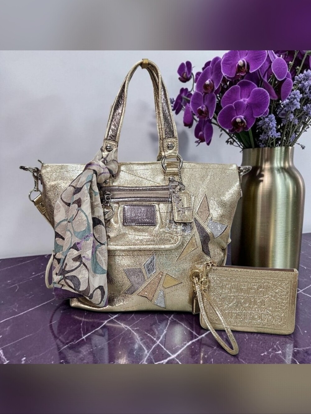 Coach Poppy "STAR" Spotlight Metallic Shoulder Bag w/matching Wristlet & Scarf
